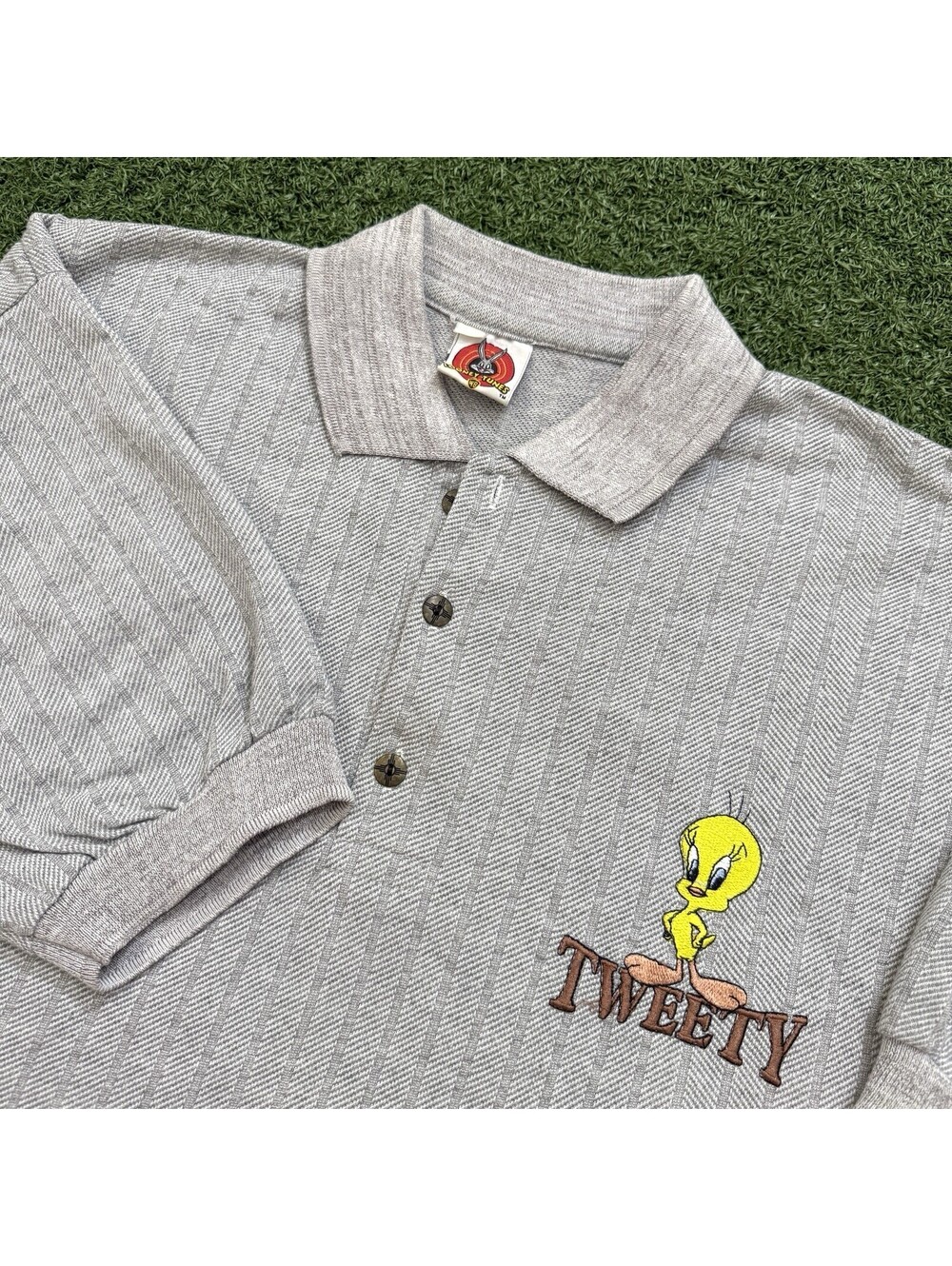 Vintage 1997 Looney Tunes Tweety Bird Grey Striped Polo Shirt Warner Bros Retro